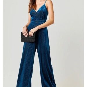 Blue velvet wide leg jumpsuit size XS